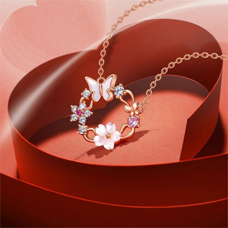 Chic CZ Inlaid Natural Pearl Shell Butterfly Floral Necklace - ArtGalleryZen