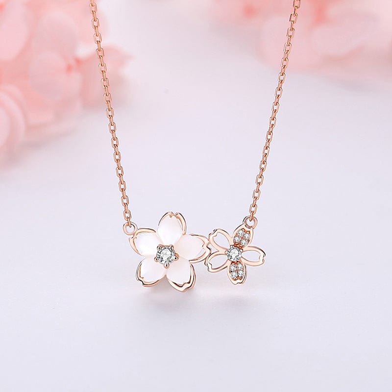 Chic CZ Inlaid Natural Pearl Shell Duo Cherry Blossom Necklace - ArtGalleryZen