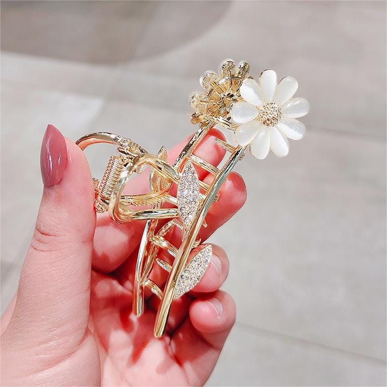 Chic CZ Inlaid Opal Daisy Flower Chignon Claw Clip Hair Clip - ArtGalleryZen