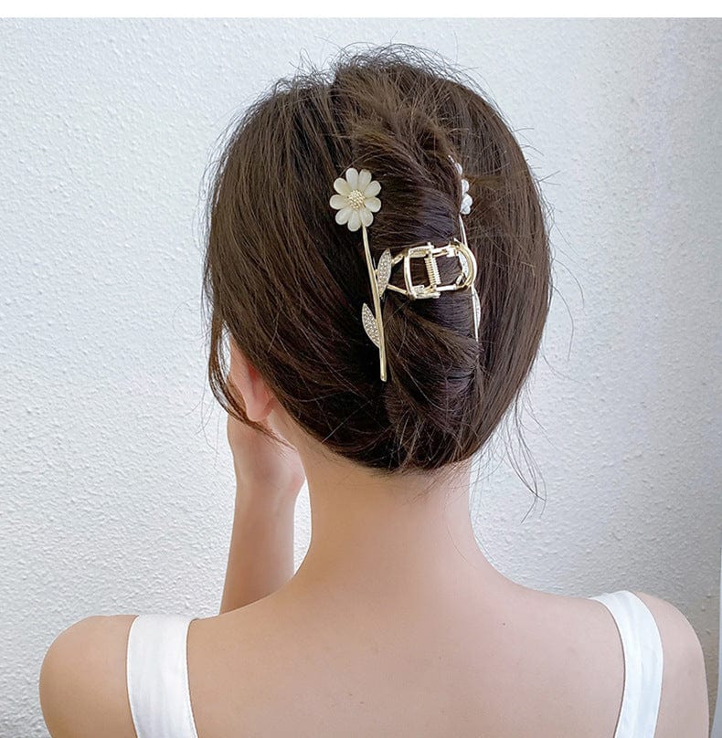 Chic CZ Inlaid Opal Daisy Flower Chignon Claw Clip Hair Clip - ArtGalleryZen