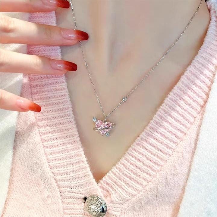 Chic CZ Inlaid Pink Celestial Heart Necklace - ArtGalleryZen