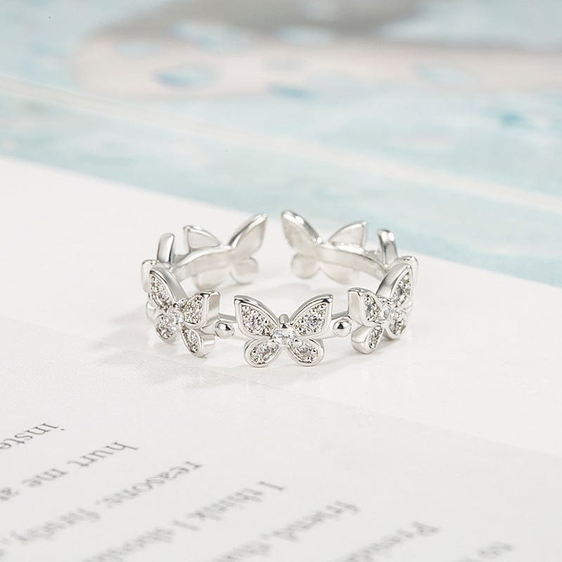 Chic CZ Inlaid Silver Butterfly Ring - ArtGalleryZen