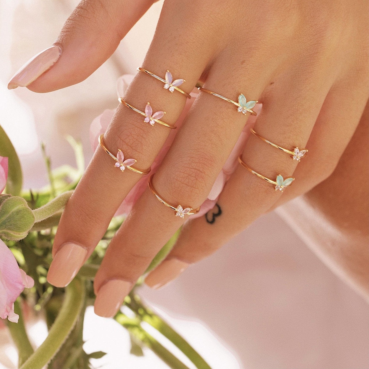 Chic CZ Opal Inlaid Floral Butterfly Bear Heart Ring - ArtGalleryZen