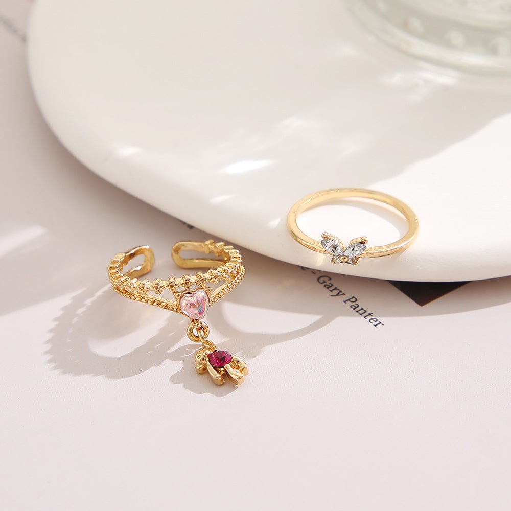 Chic CZ Opal Inlaid Floral Butterfly Bear Heart Ring - ArtGalleryZen