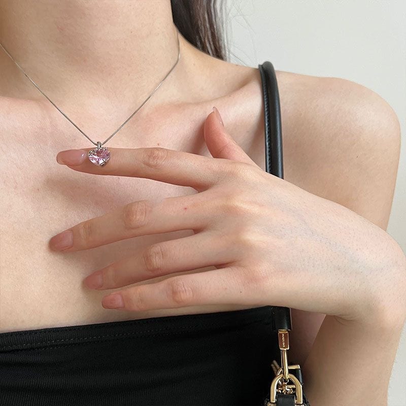 Chic Diamond Cut Pink Crystal Heart Pendant Necklace - ArtGalleryZen