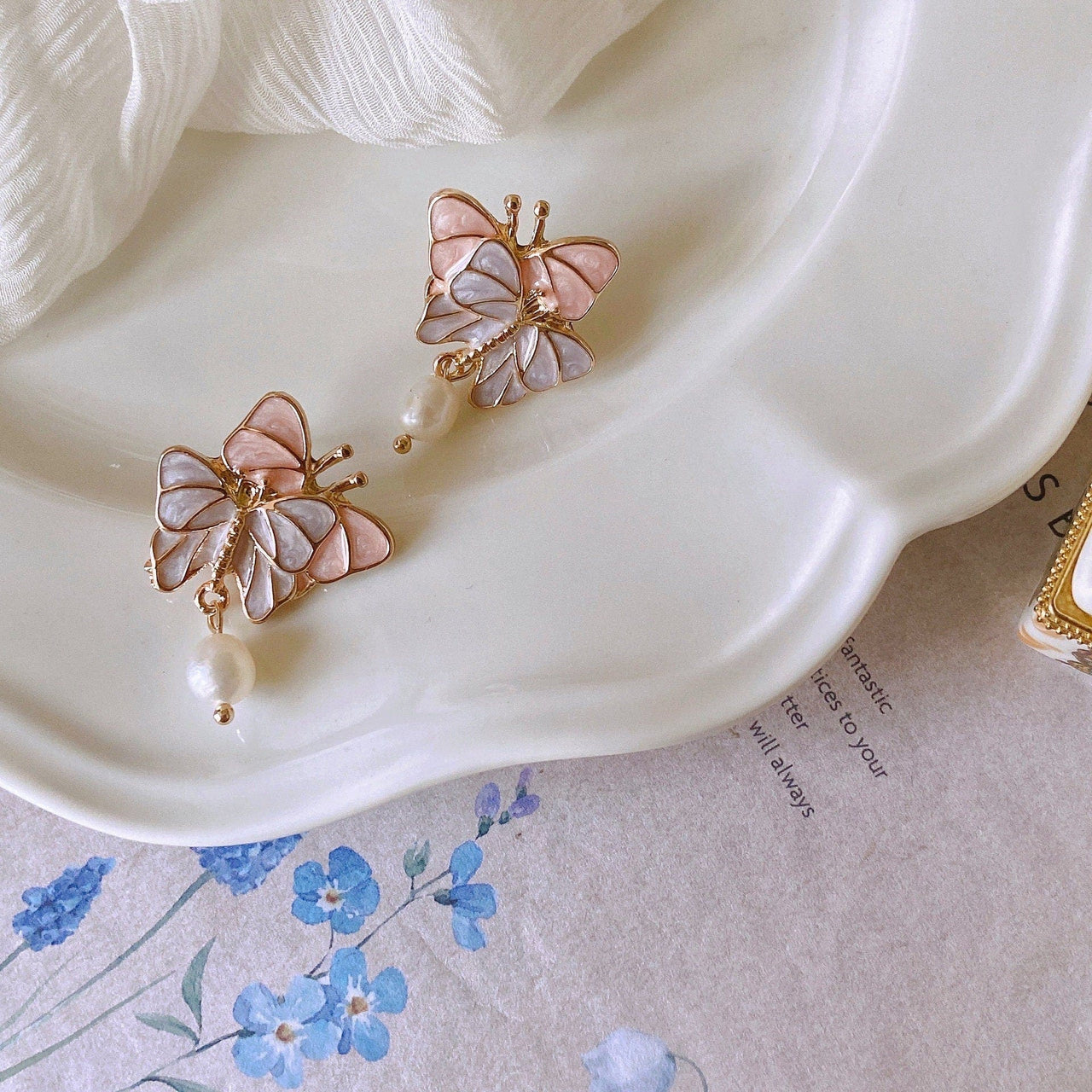 Chic Enamel Butterfly Dangling Pearl Earrings - ArtGalleryZen
