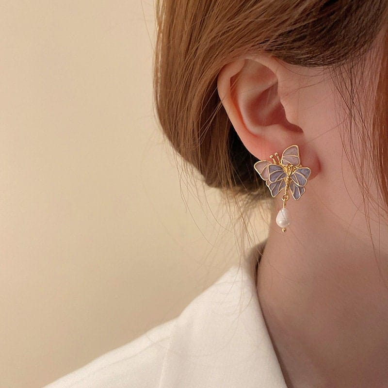 Chic Enamel Butterfly Dangling Pearl Earrings - ArtGalleryZen