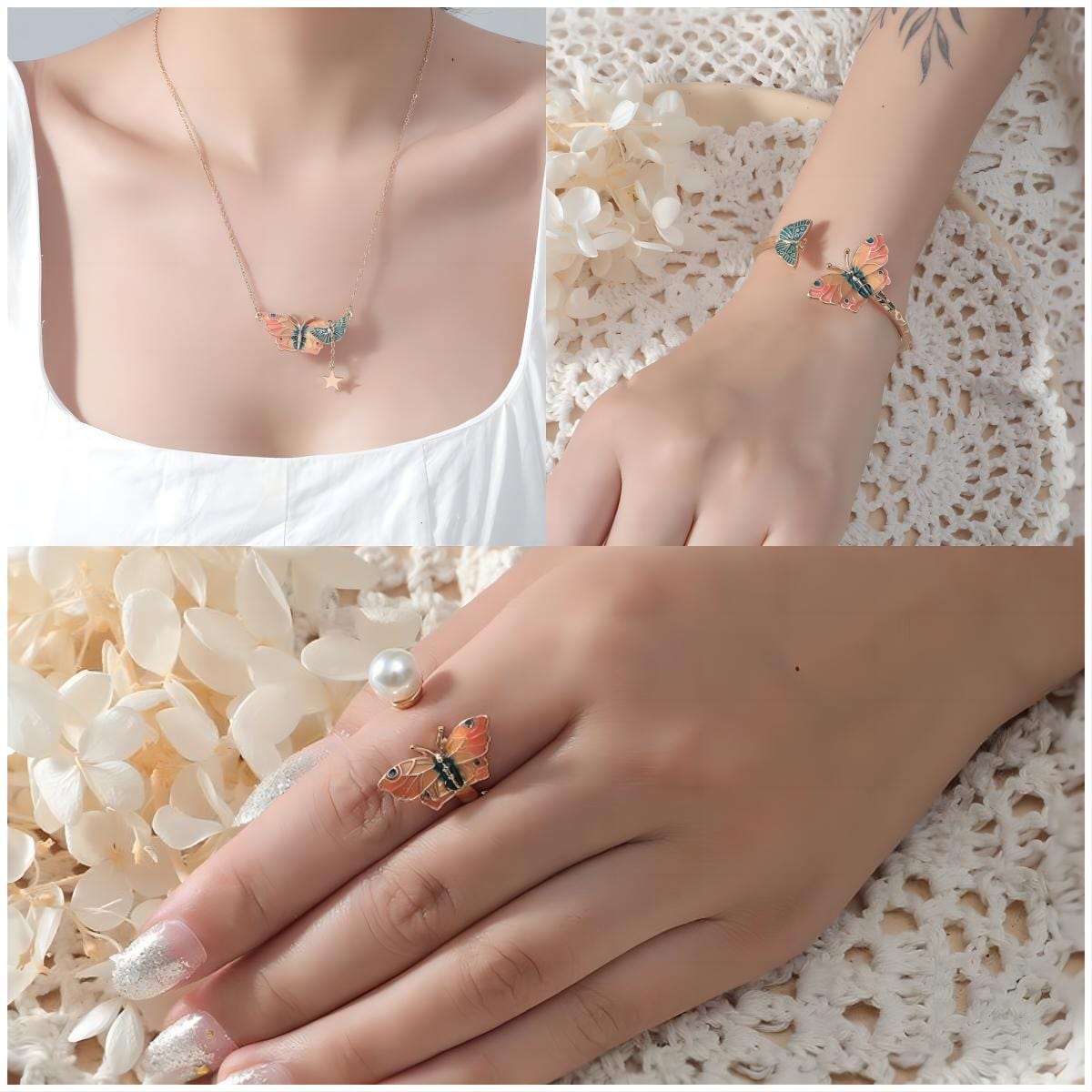 Chic Enamel Butterfly Necklace Bracelet Ring Set - ArtGalleryZen