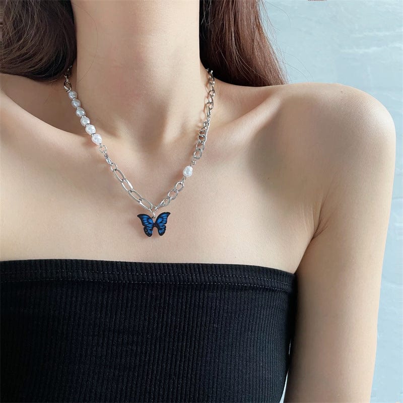 Chic Enamel Butterfly Pendant Pearl Chain Necklace - ArtGalleryZen