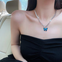 Thumbnail for Chic Enamel Butterfly Pendant Pearl Chain Necklace - ArtGalleryZen