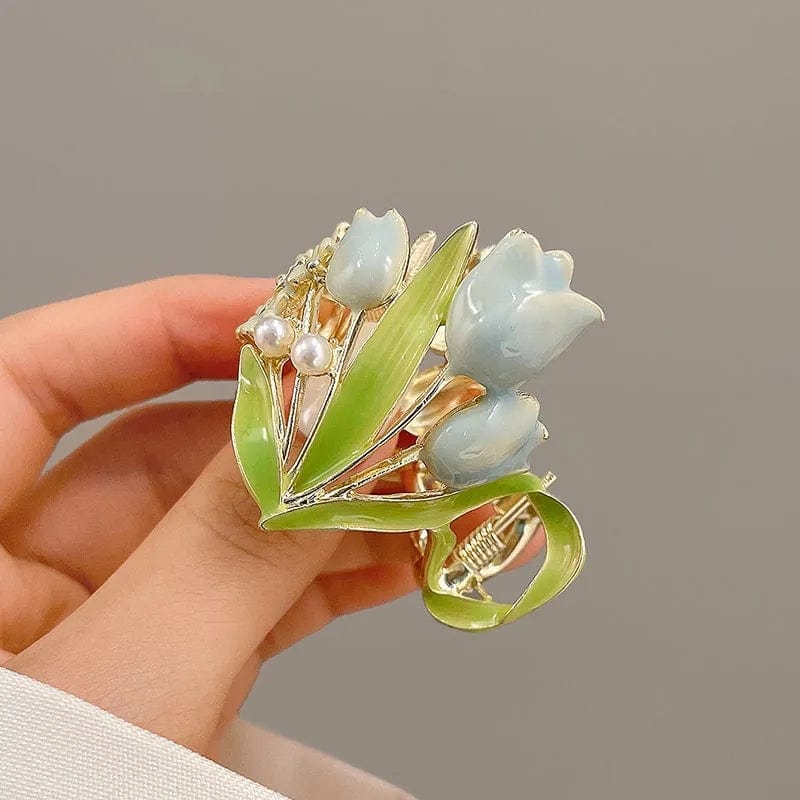 Chic Enamel Pearl Charm Tulip High Ponytail Hair Claw - ArtGalleryZen
