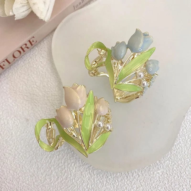 Chic Enamel Pearl Charm Tulip High Ponytail Hair Claw - ArtGalleryZen