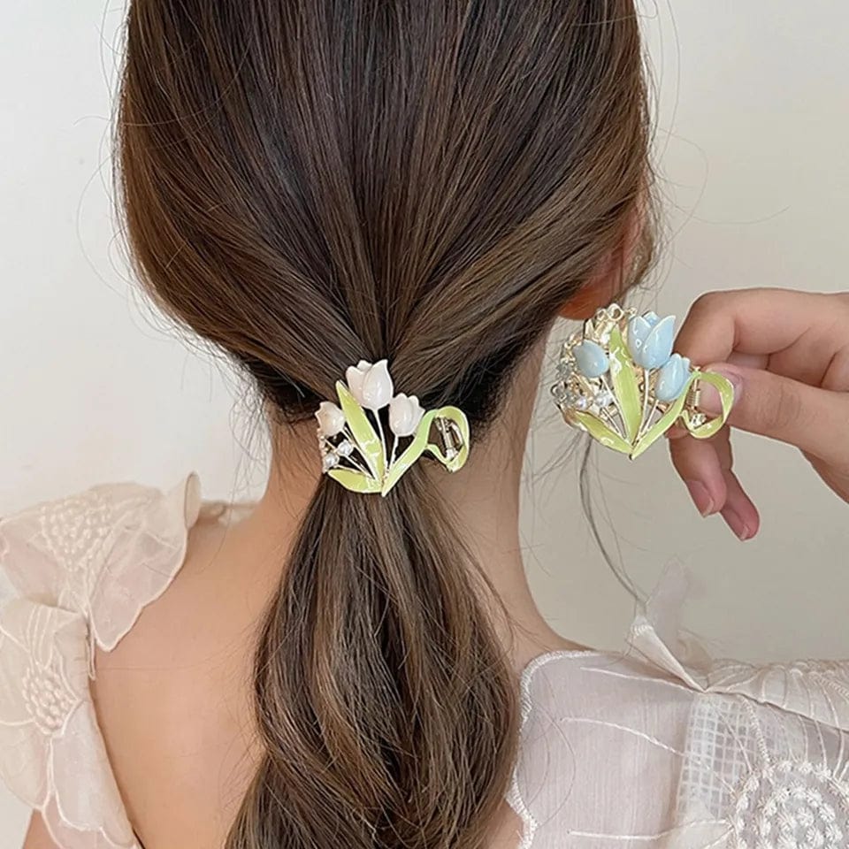 Chic Enamel Pearl Charm Tulip High Ponytail Hair Claw - ArtGalleryZen