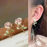 Thumbnail for Chic Enamel Pink Rose Earrings - ArtGalleryZen