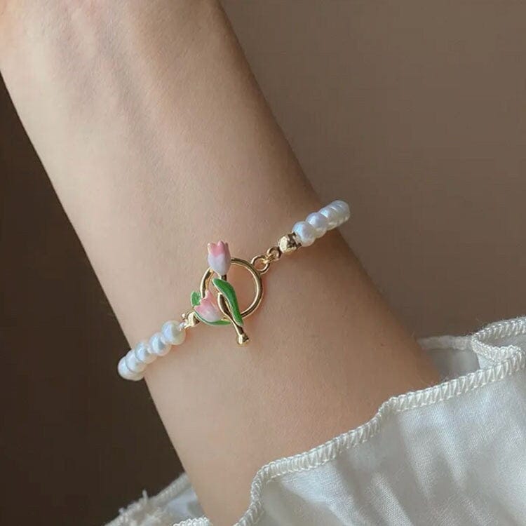Chic Enamel Tulip Pearl Chain Choker Necklace Bracelet Set - ArtGalleryZen