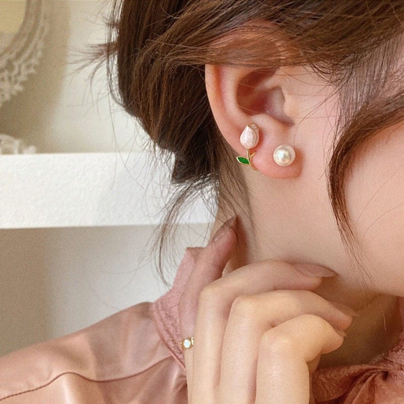 Chic Enamel Tulip Pearl Earrings - ArtGalleryZen