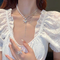 Thumbnail for Chic Layered Crystal Butterfly Pearl Chain Necklace - ArtGalleryZen