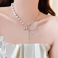 Thumbnail for Chic Layered Crystal Butterfly Pearl Chain Necklace - ArtGalleryZen