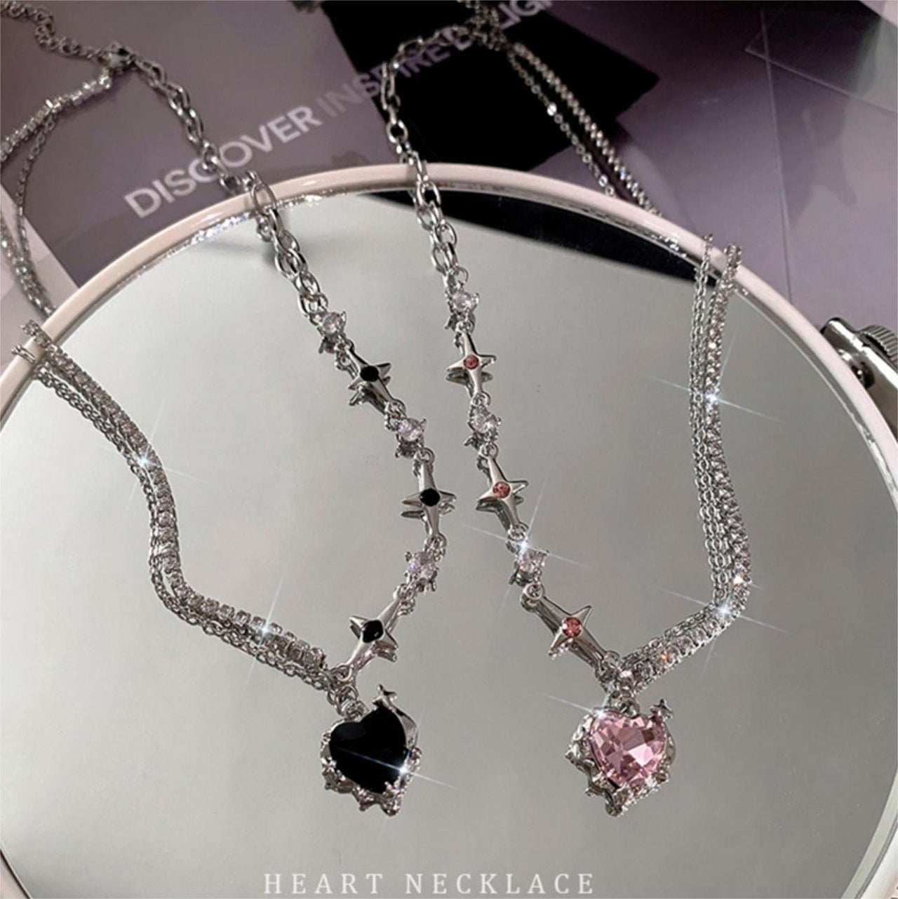 Chic Layered CZ Inlaid Pink And Black Crystal Heart Pendant Star Chain Necklace - ArtGalleryZen