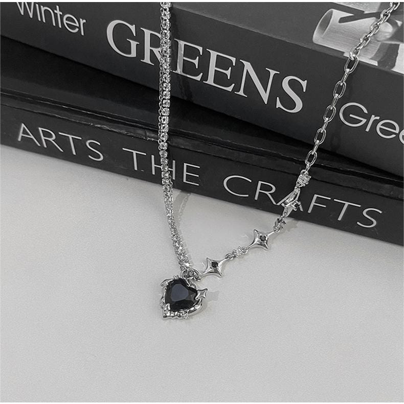 Chic Layered CZ Inlaid Pink And Black Crystal Heart Pendant Star Chain Necklace - ArtGalleryZen