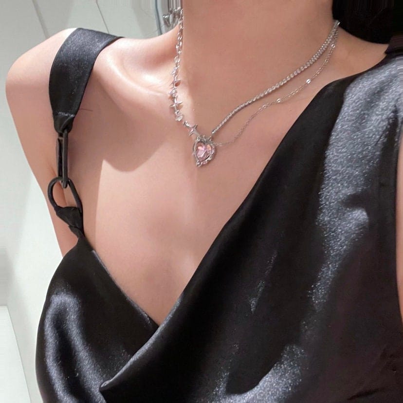 Chic Layered CZ Inlaid Pink Crystal Heart Pendant Star Chain Necklace - ArtGalleryZen