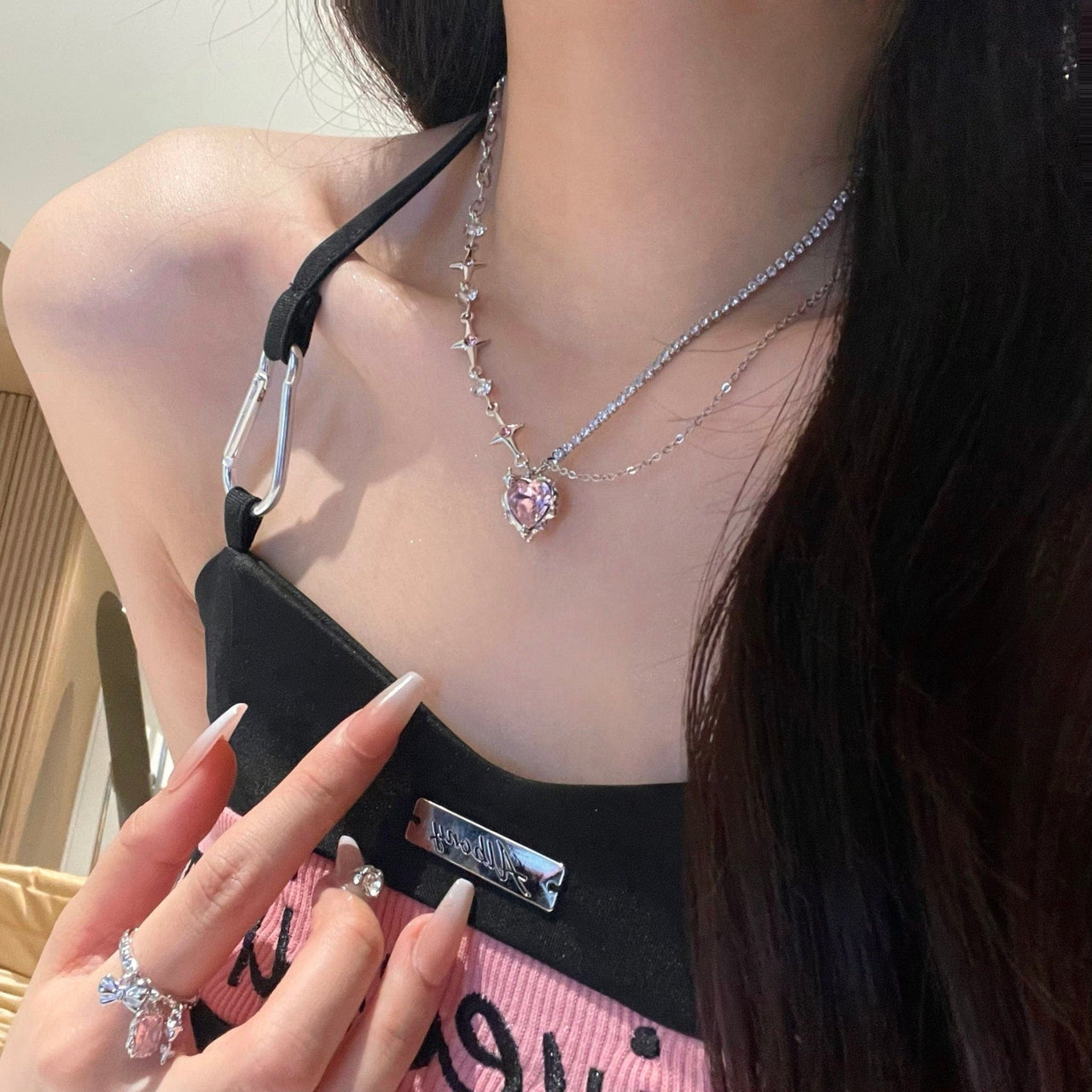 Chic Layered CZ Inlaid Pink Crystal Heart Pendant Star Chain Necklace - ArtGalleryZen