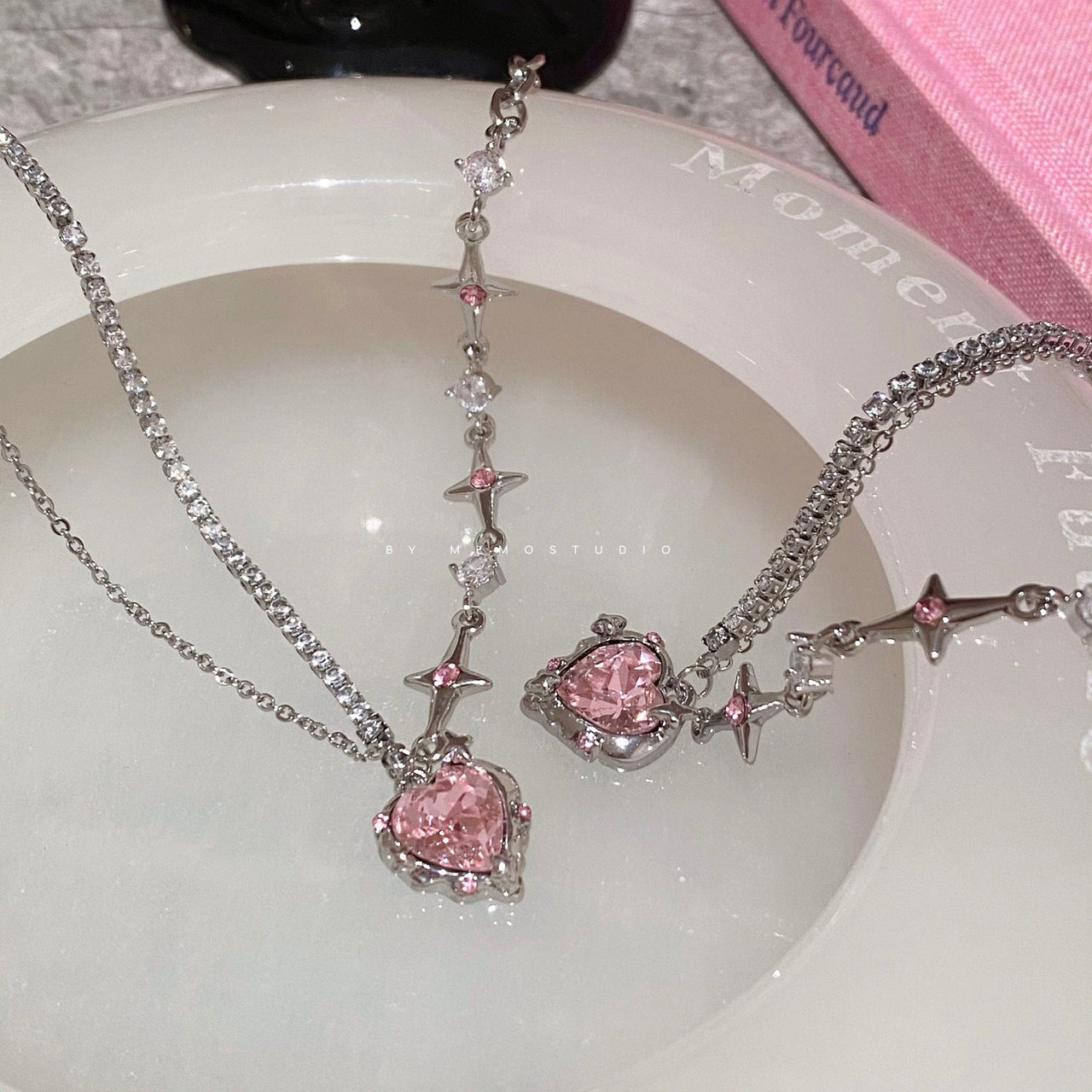 Chic Layered CZ Inlaid Pink Crystal Heart Pendant Star Chain Necklace - ArtGalleryZen