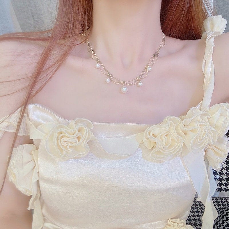 Chic Layered Pearl Tassel Ball Chain Choker Necklace - ArtGalleryZen
