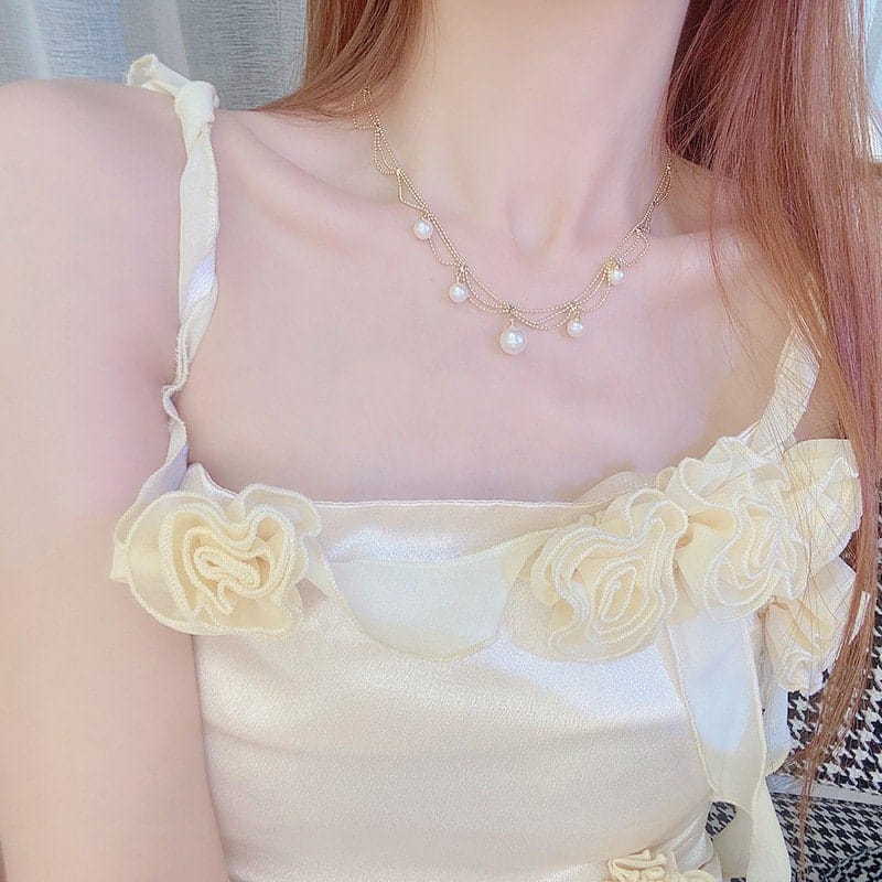 Chic Layered Pearl Tassel Ball Chain Choker Necklace - ArtGalleryZen