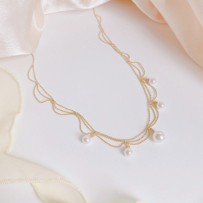 Chic Layered Pearl Tassel Ball Chain Choker Necklace - ArtGalleryZen
