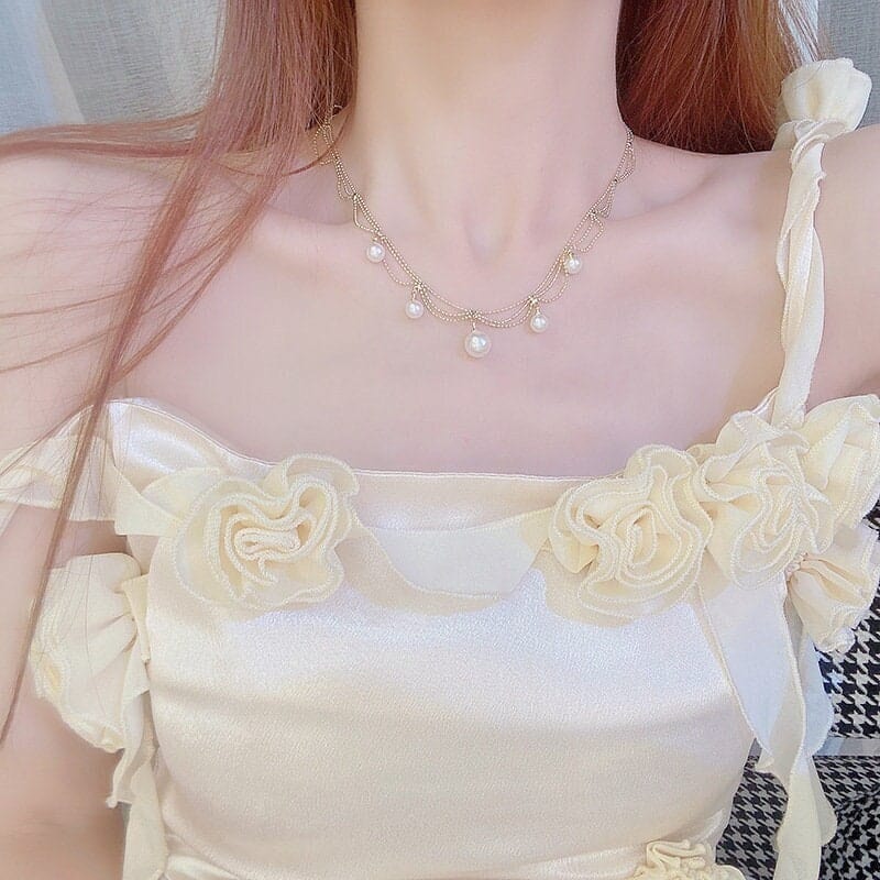 Chic Layered Pearl Tassel Ball Chain Choker Necklace - ArtGalleryZen