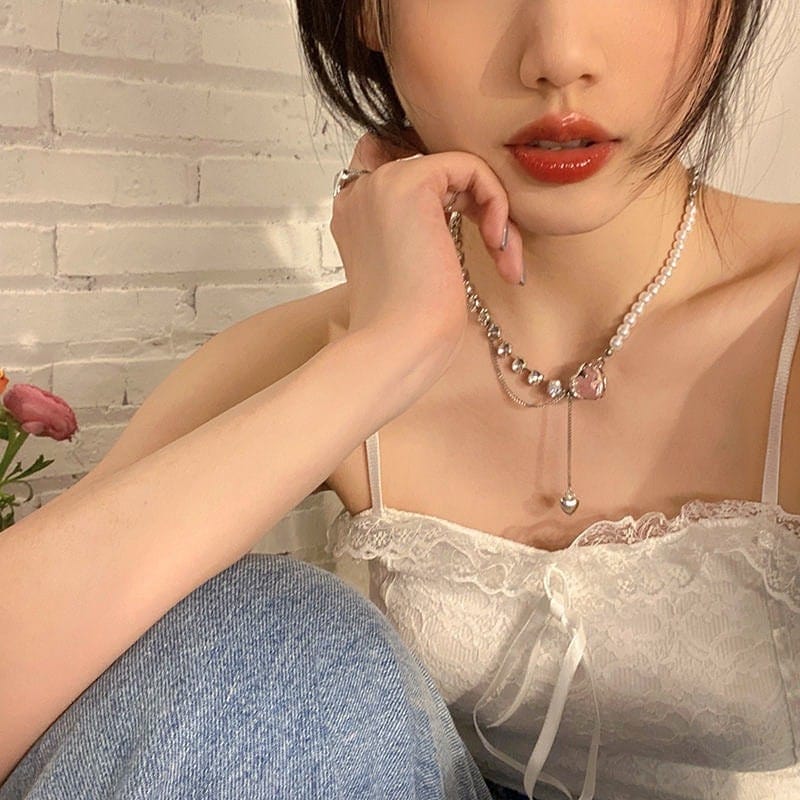 Chic Layered Pink Heart Pendant Cubic Zirconia Pearl Chain Necklace - ArtGalleryZen