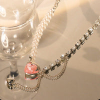 Thumbnail for Chic Layered Pink Heart Pendant Cubic Zirconia Pearl Chain Necklace - ArtGalleryZen