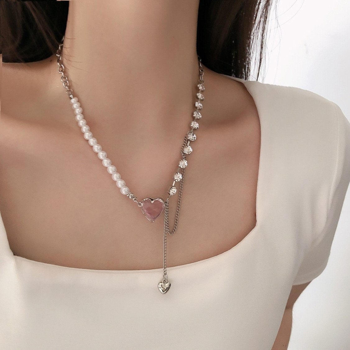 Chic Layered Pink Heart Pendant Cubic Zirconia Pearl Chain Necklace - ArtGalleryZen