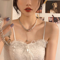 Thumbnail for Chic Layered Pink Heart Pendant Cubic Zirconia Pearl Chain Necklace - ArtGalleryZen