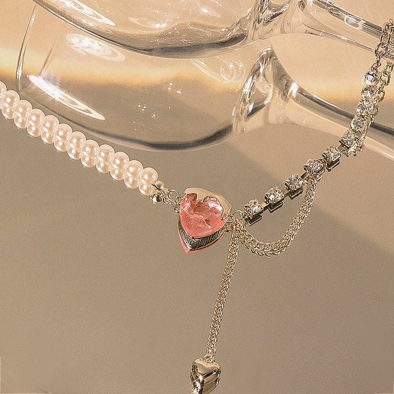 Chic Layered Pink Heart Pendant Cubic Zirconia Pearl Chain Necklace - ArtGalleryZen