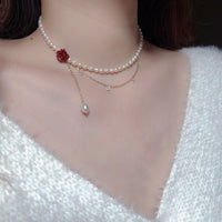 Thumbnail for Chic Layered Rhinestone Tassel Rose Pearl Chain Choker Necklace - ArtGalleryZen