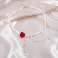 Thumbnail for Chic Layered Rhinestone Tassel Rose Pearl Chain Choker Necklace - ArtGalleryZen
