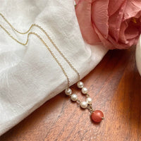 Thumbnail for Chic Natural Stone Peach Pendant Pearl Chain Necklace - ArtGalleryZen