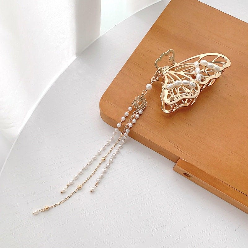 Chic Pearl Chain Tassel Butterfly Chignon Claw Clip Hair Clip - ArtGalleryZen