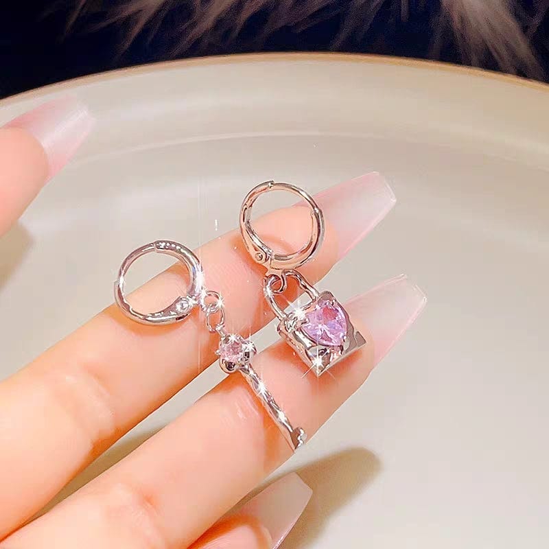 Chic Pink Crystal Heart Dangling Key Lock Huggie Hoop Earrings - ArtGalleryZen