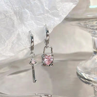 Thumbnail for Chic Pink Crystal Heart Dangling Key Lock Huggie Hoop Earrings - ArtGalleryZen