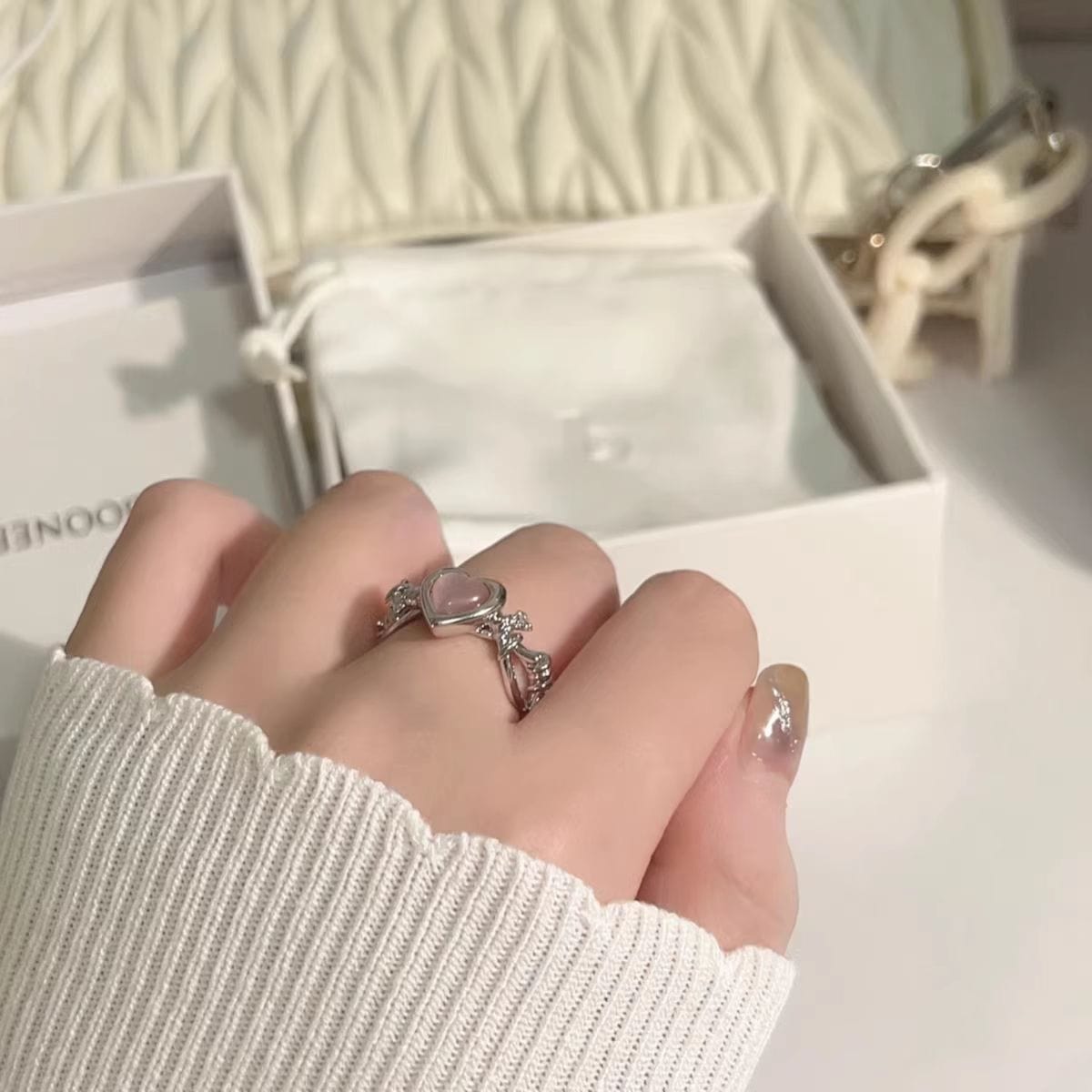 Chic Pink Opal Heart Ring - ArtGalleryZen