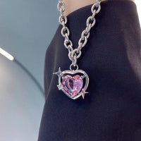 Thumbnail for Chic Pink Rhinestone Heart Pendant Cable Chain Necklace - ArtGalleryZen