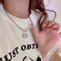 Thumbnail for Chic Pink Rhinestone Heart Pendant Cable Chain Necklace - ArtGalleryZen