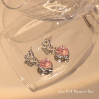 Thumbnail for Chic Pink Rhinestone Heart Pendant Cubic Zirconia Chain Necklace Dangle Earrings Set - ArtGalleryZen