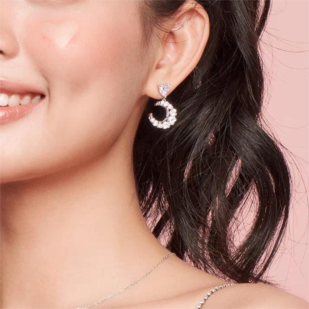 Chic Rhinestone Inlaid Moon Phase Star Heart Dangle Earrings - ArtGalleryZen