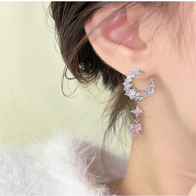 Chic Rhinestone Inlaid Moon Phase Star Heart Dangle Earrings - ArtGalleryZen