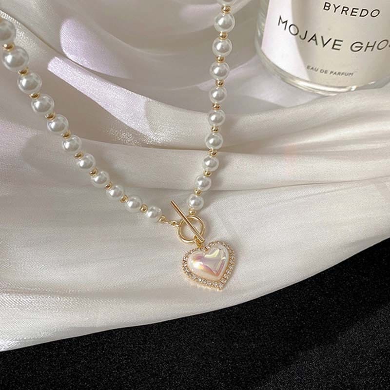 Chic Toggle Clasp Heart Pendant Pearl Chain Choker Necklace - ArtGalleryZen