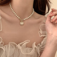 Thumbnail for Chic Toggle Clasp Heart Pendant Pearl Chain Choker Necklace - ArtGalleryZen